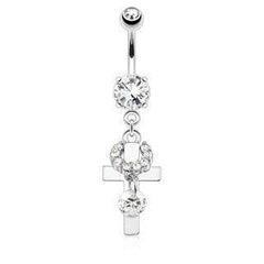 Surgical Steel Belly Button Navel Ring Bar with Clear White Religious Crucifix Cross Dangle