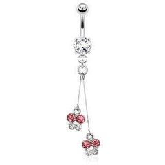 Surgical Steel Belly Button Navel Ring Bar with Dangling 2 Butterfly CZ on Wire