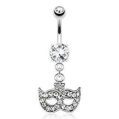 Surgical Steel Belly Button Navel Ring Bar with Dangling White CZ Drama Theater Masquerade Ball Mask