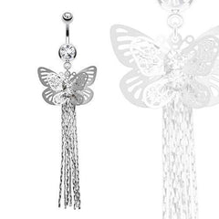 Surgical Steel Belly Button Navel Ring with Layered Butterfly with Tassels Dangle