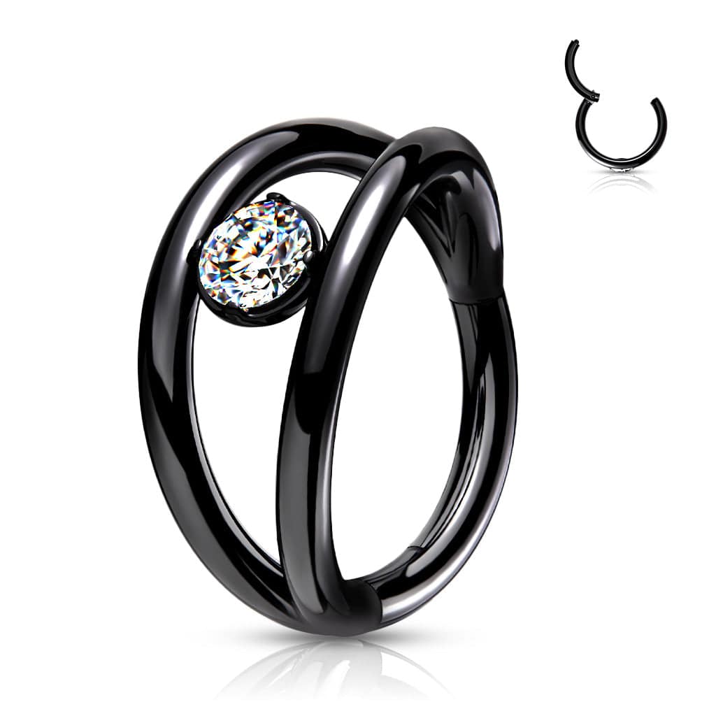 Surgical Steel Black PVD Double Hoop Look White CZ Hinged Hoop Ring Clicker