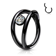 Surgical Steel Black PVD Double Hoop Look White CZ Hinged Hoop Ring Clicker