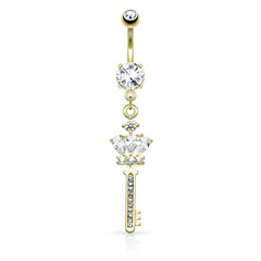 Surgical Steel CZ Crown and Key Dangling Belly Button Navel Ring