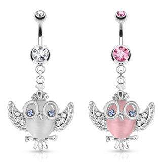 Surgical Steel CZ Gem Flying Owl Belly Button Navel Ring