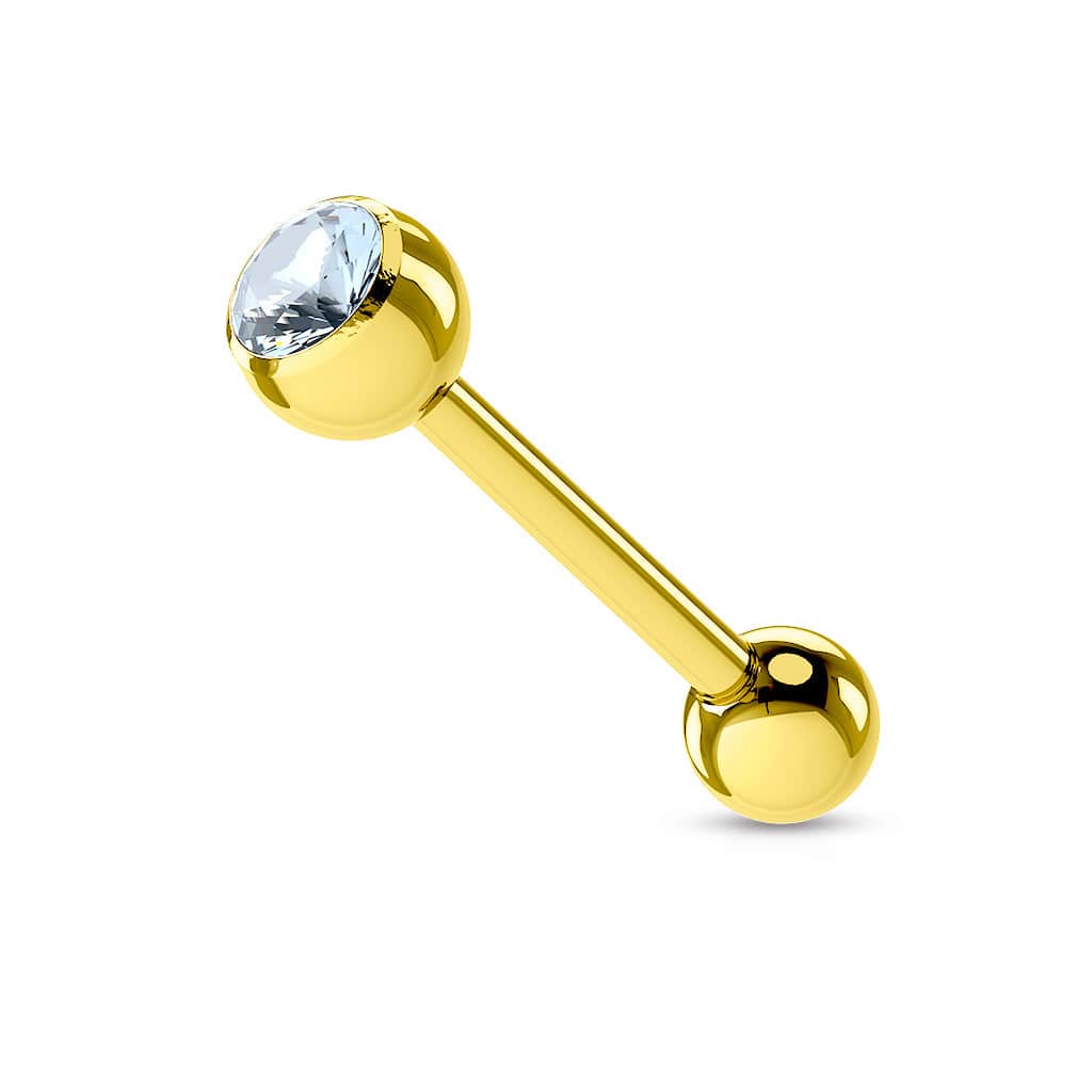 Surgical Steel Gold IP CZ Gem Straight Barbell Tongue Ring