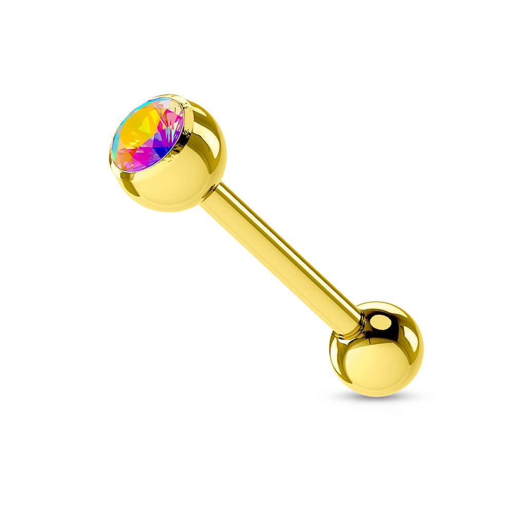 Surgical Steel Gold IP CZ Gem Straight Barbell Tongue Ring