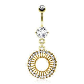 Surgical Steel Gold Plated Belly Button Navel Ring Bar with Dangling Circle Sun Paved Gems