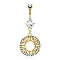 Surgical Steel Gold Plated Belly Button Navel Ring Bar with Dangling Circle Sun Paved Gems