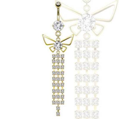 Surgical Steel Gold Plated Dangling Butterfly and Gemmed Link Chain Belly Button Navel Ring