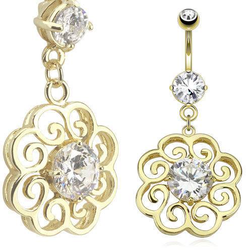 Surgical Steel Gold Plated Flower Petal CZ Swirl Gem Belly Button Navel Ring Bar Dangle