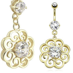 Surgical Steel Gold Plated Flower Petal CZ Swirl Gem Belly Button Navel Ring Bar Dangle