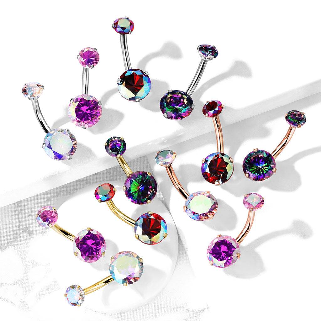 Surgical Steel Gold PVD Internally Threaded Belly Ring Aurora Borealis CZ Gems