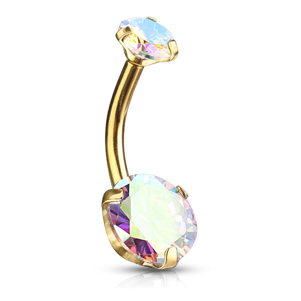 Surgical Steel Gold PVD Internally Threaded Belly Ring Aurora Borealis CZ Gems