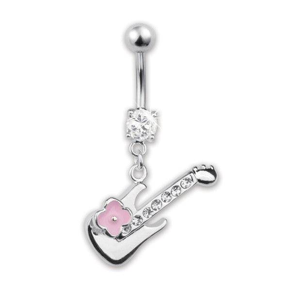 Surgical Steel Guitar and Pink Flower Dangling Belly Ring