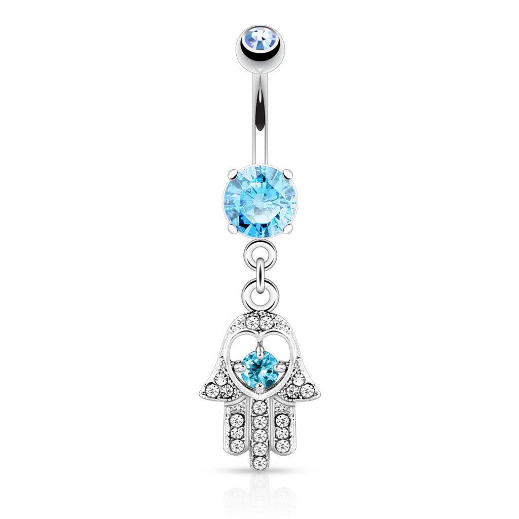 Surgical Steel Hamsa Hand Paved CZ Belly Button Dangle Navel Ring