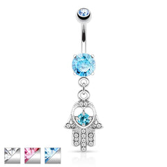 Surgical Steel Hamsa Hand Paved CZ Belly Button Dangle Navel Ring