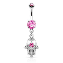 Surgical Steel Hamsa Hand Paved CZ Belly Button Dangle Navel Ring