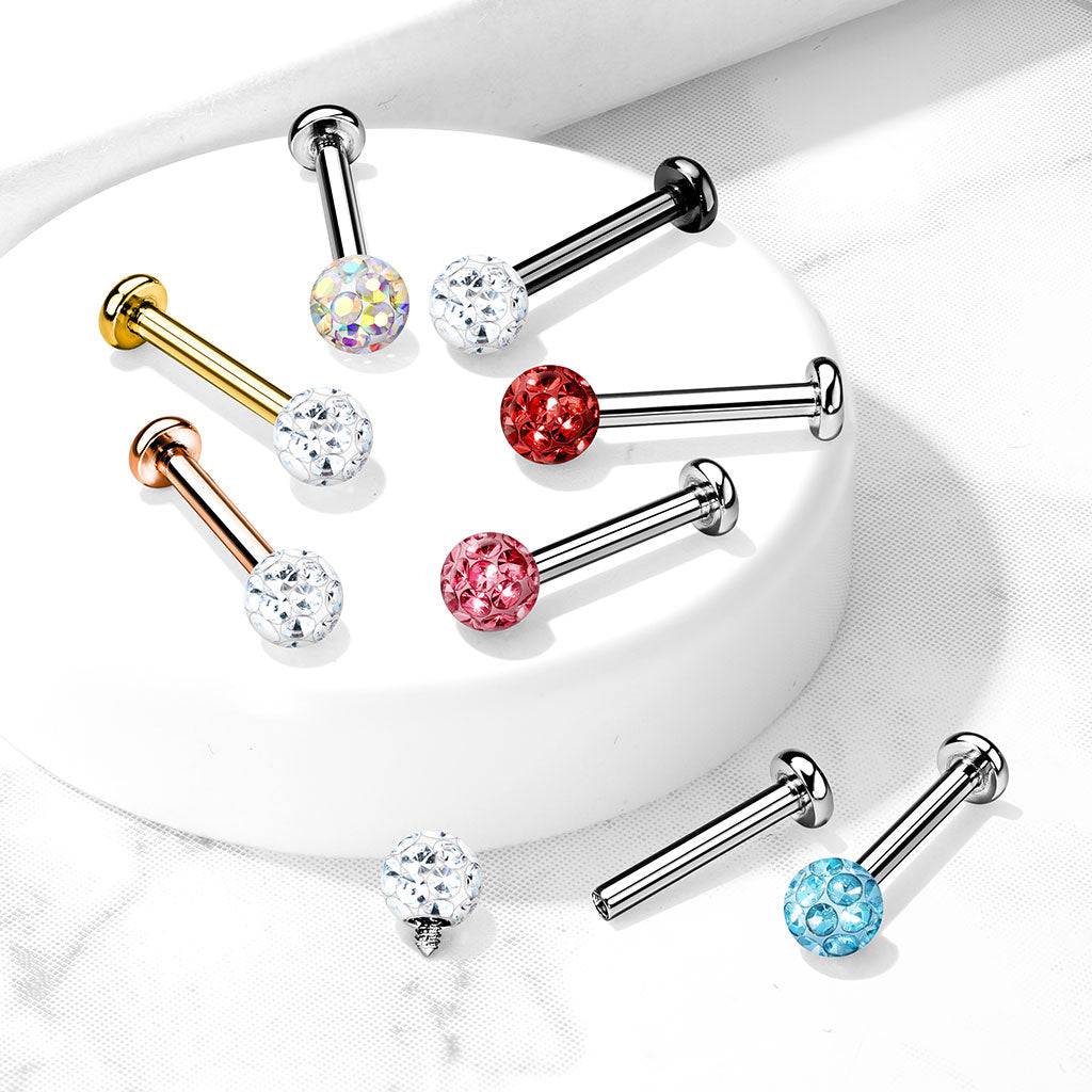 Shamballa-Labret aus chirurgischem Stahl mit Innengewinde, schwarzer PVD-Beschichtung und weißem Zirkonia, Epoxidbeschichtung