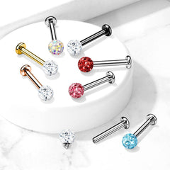 Shamballa-Labret aus chirurgischem Stahl mit Innengewinde, schwarzer PVD-Beschichtung und weißem Zirkonia, Epoxidbeschichtung