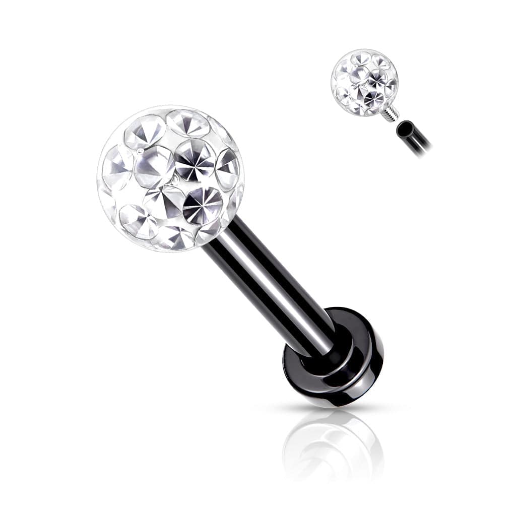 Shamballa-Labret aus chirurgischem Stahl mit Innengewinde, schwarzer PVD-Beschichtung und weißem Zirkonia, Epoxidbeschichtung