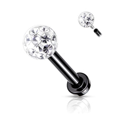 Shamballa-Labret aus chirurgischem Stahl mit Innengewinde, schwarzer PVD-Beschichtung und weißem Zirkonia, Epoxidbeschichtung