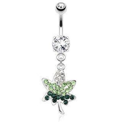 Surgical Steel Layered Weed Pot Leaf Green CZ Belly Button Navel Ring