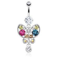 Surgical Steel Multi Color Rainbow Antique Butterfly Belly Button Navel Ring