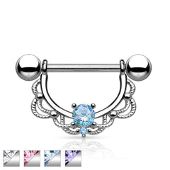 Surgical Steel Nipple Ring Barbell with Filigree Lace Shield with CZ