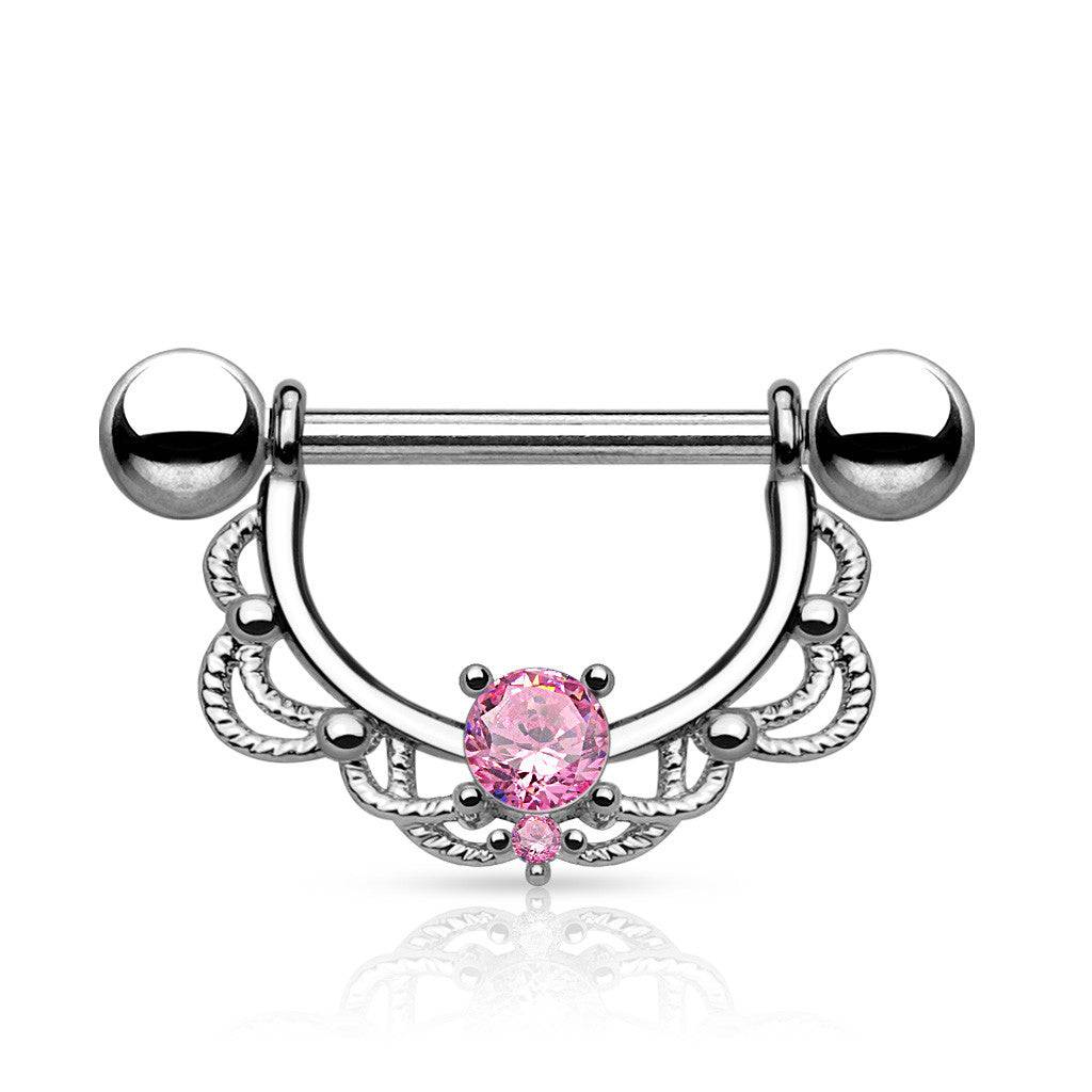 Surgical Steel Nipple Ring Barbell with Filigree Lace Shield with CZ