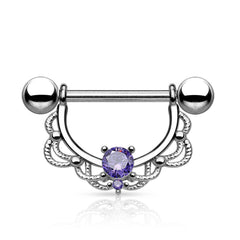 Surgical Steel Nipple Ring Barbell with Filigree Lace Shield with CZ