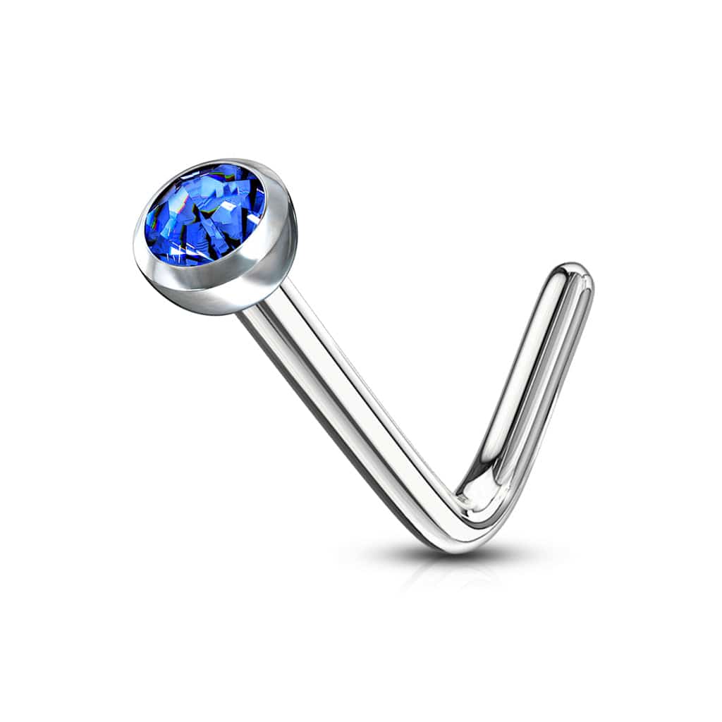 Surgical Steel Press Fit Blue CZ Gem "L" Shape Nose Ring Pin