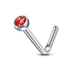 Surgical Steel Press Fit Red CZ Gem "L" Shape Nose Ring Pin