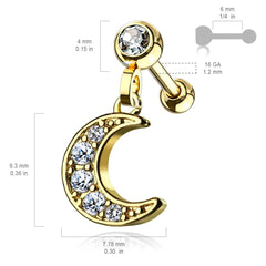 Surgical Steel Rose Gold Plated Ball Back Crescent Moon White CZ Dangle Cartilage Ring