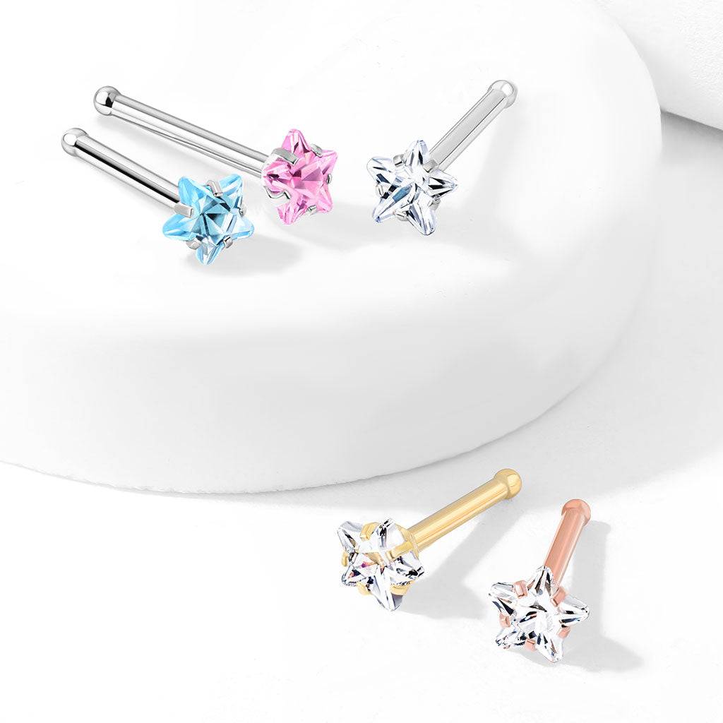 Surgical Steel Rose Gold PVD White CZ Star Ball End Nose Ring Stud