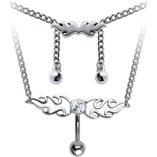 Surgical Steel White CZ Crystal Tribal Reverse Top Down Belly Ring Back Chain