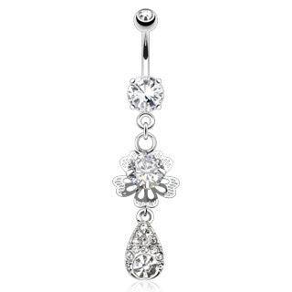 Surgical Steel White CZ Flower Dangling Belly Button Navel Ring