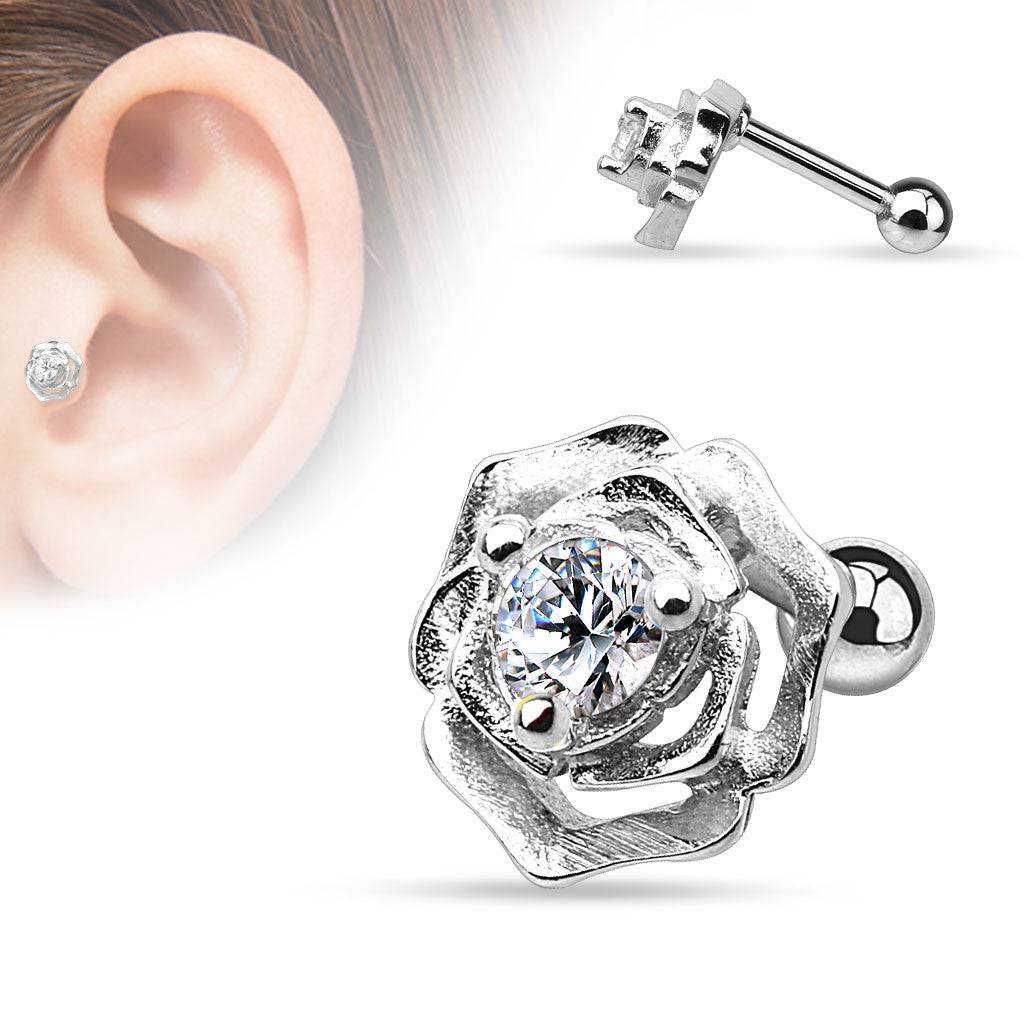 Surgical Steel White CZ Flower Helix Tragus Barbell Cartilage Earring