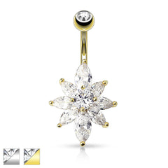 Surgical Steel White Flower Petal CZ Belly Button Navel Ring