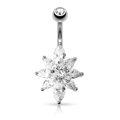 Surgical Steel White Flower Petal CZ Belly Button Navel Ring