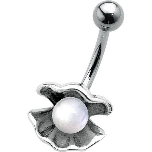 Surgical Steel White Pearl Clam Shell Belly Button Navel Ring