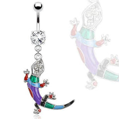 Bauchnabelpiercing aus Chirurgenstahl mit wildem, mehrfarbigem Gecko und Eidechse