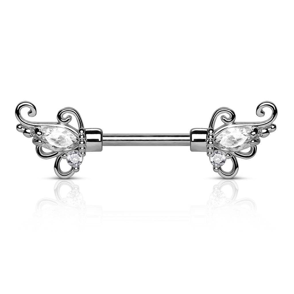 Surgical Steel Wing Filigree CZ Nipple Ring Barbell