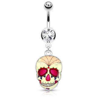 Surgical Steel Yellow Sugar Skull Belly Button Dangling Navel Ring