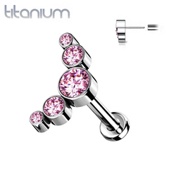 Implant Grade Titanium Threadless Push In Cartilage 5 Gem Curved Pink CZ Gems With Flat Back