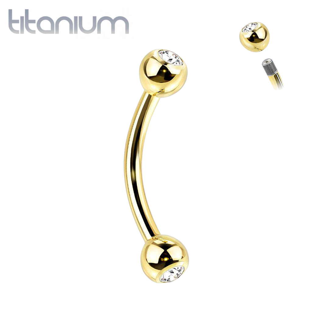 Implant Grade Titanium Gold PVD Curved Barbell With White CZ Gem