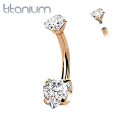 Bauchnabelpiercing aus Titan in Implantatqualität, Roségold-PVD, innen gefädelt, weißes Herz, Zirkonia