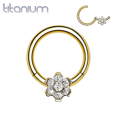 Implant Grade Titanium Gold PVD White CZ Gem Flower Hinged Clicker Hoop