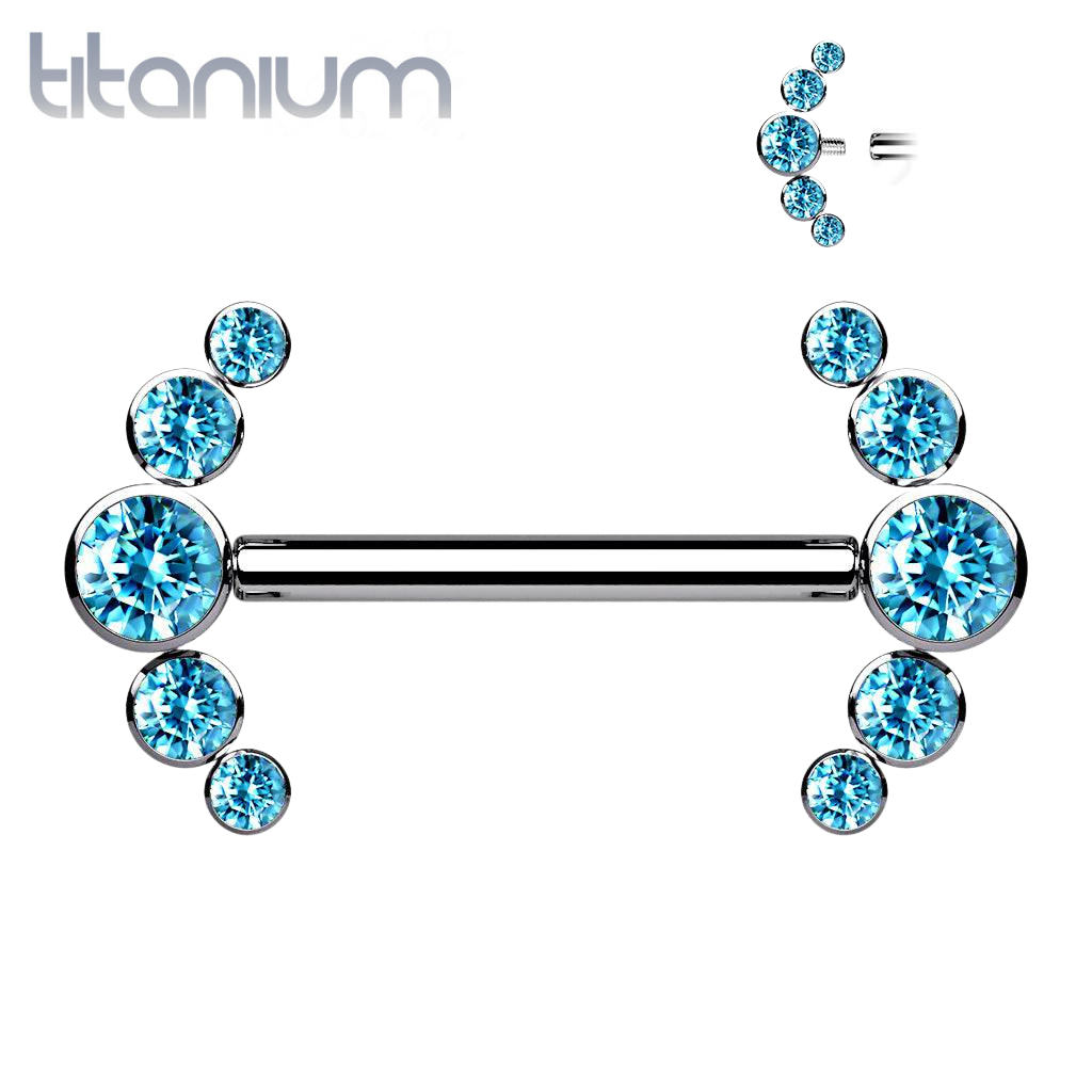 Implant Grade Titanium Internally Threaded Aqua 5 Bezel CZ Gem Nipple Ring