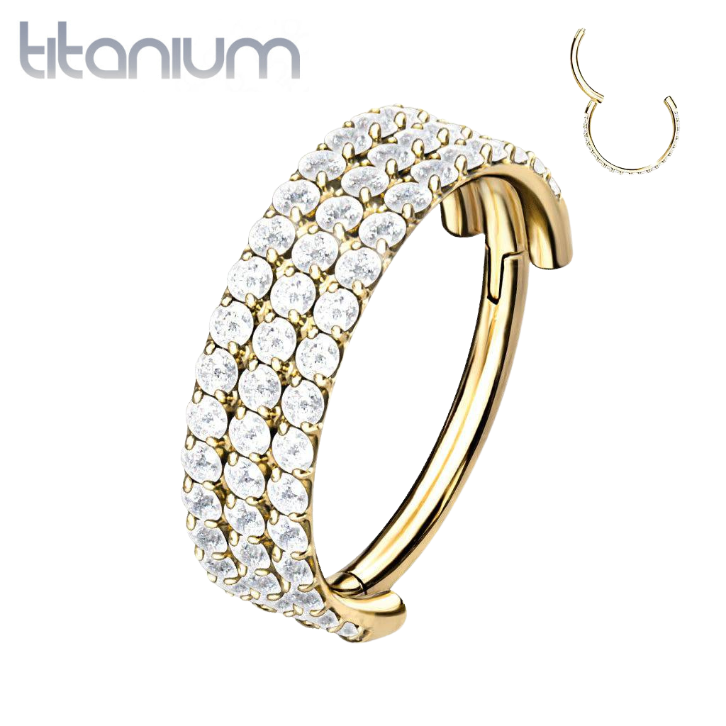 Implant Grade Titanium Gold PVD Triple Row White CZ Pave Hinged Clicker Hoop