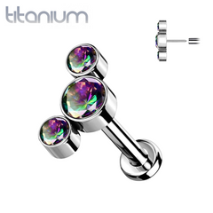 Tragus/Knorpel-Einsteck-Piercing aus Titan in Implantatqualität, gewindelos, 3 gebogene Vitrail-Steinen, mittlere Zirkonia-Steine ​​mit flacher Rückseite